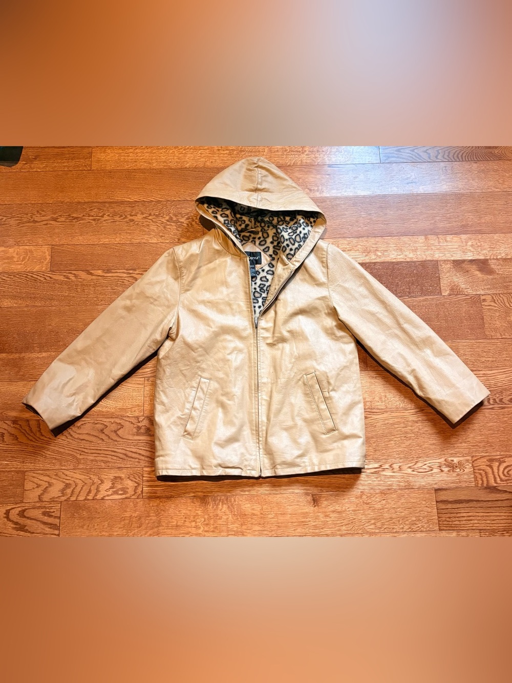 Women’s metrostyle Tan Hooded Faux Leather Jacket with Leopard Lining